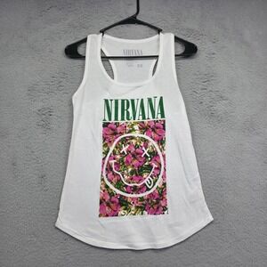 Nirvana Shirt Womens XS White Floral Bootleg Aqua Smiley Face Tank Racerback Tee